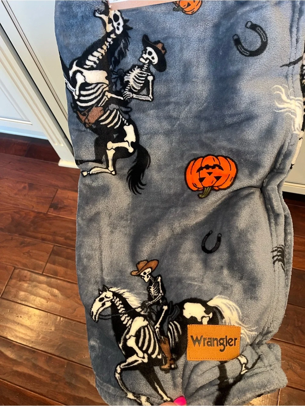 Wrangler Halloween Grey Plush Throw Blanket - Skeleton Horse Print Pumpkin